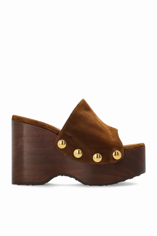 BRĄZOWY Zamszowe klapki na koturnie