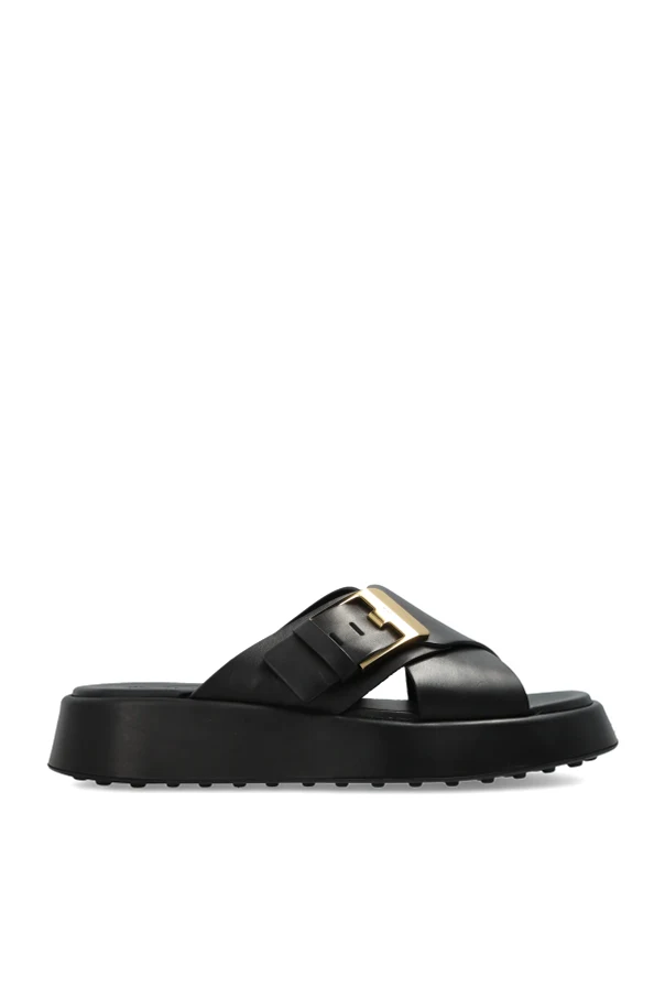 BLACK Leather slides with logo