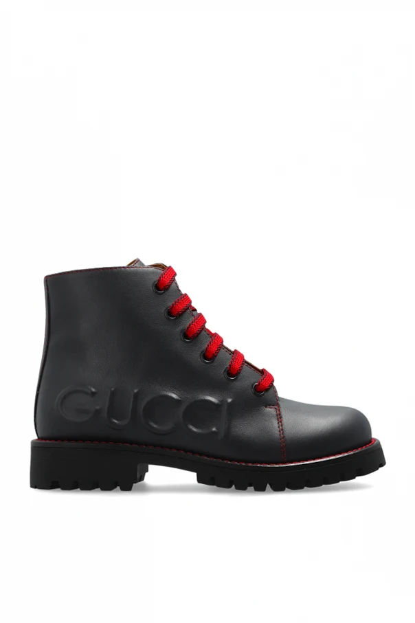 GRANATOWY Skórzane buty z wypukłym logo