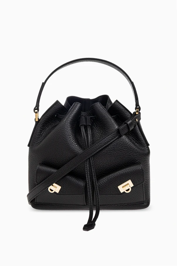 BLACK Leather shoulder bag, bucket type