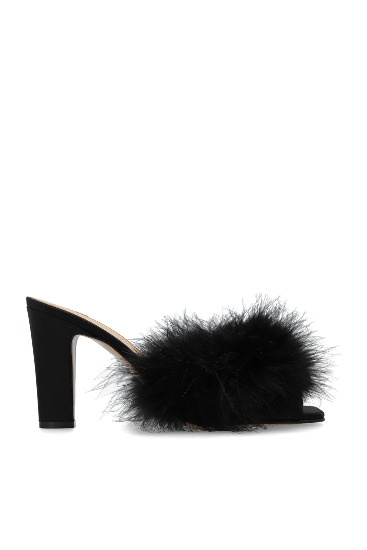 Heeled mules with feathers