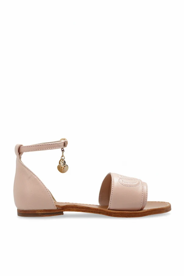 PINK Leather sandals with embroidered logo