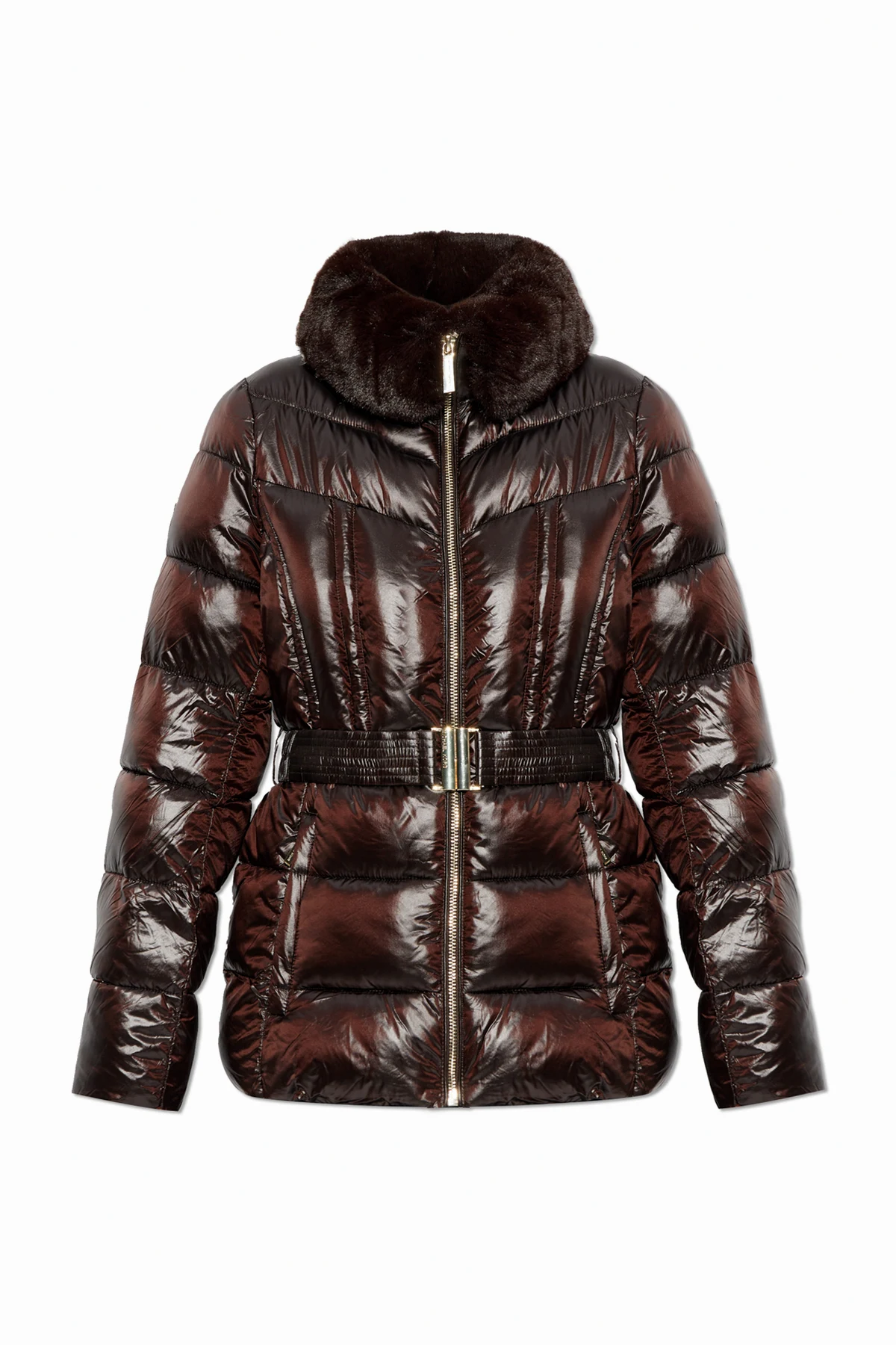 BROWN Padded jacket with faux fur
