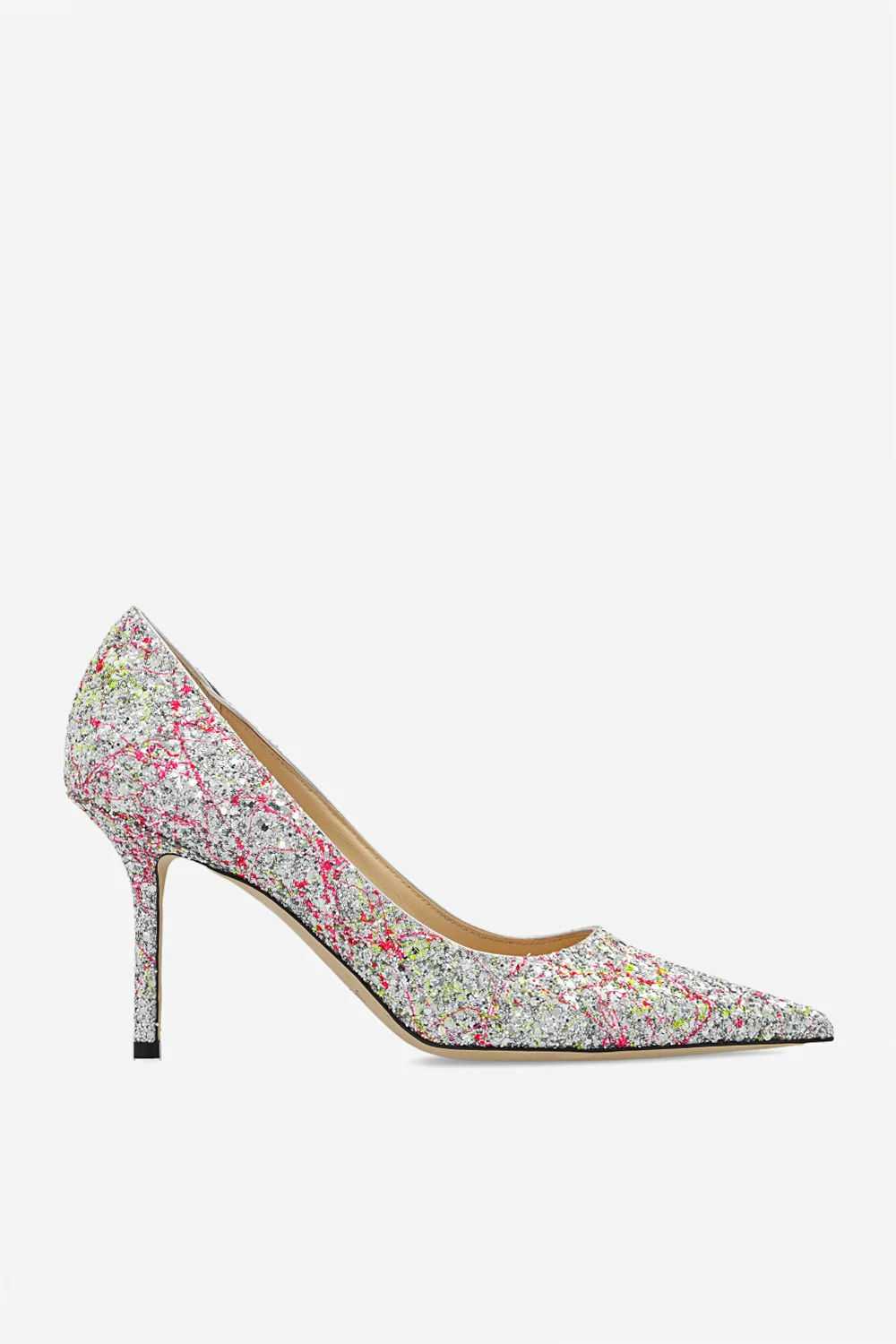 ‘Love’ glittery stiletto pumps