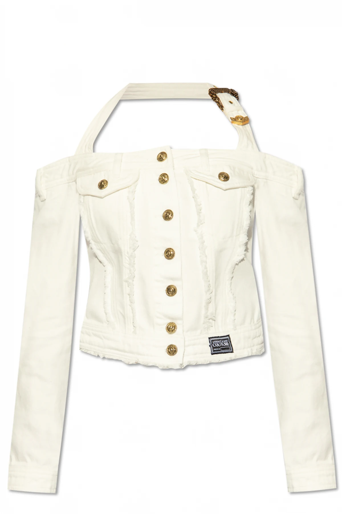Denim jacket with exposed shoulders