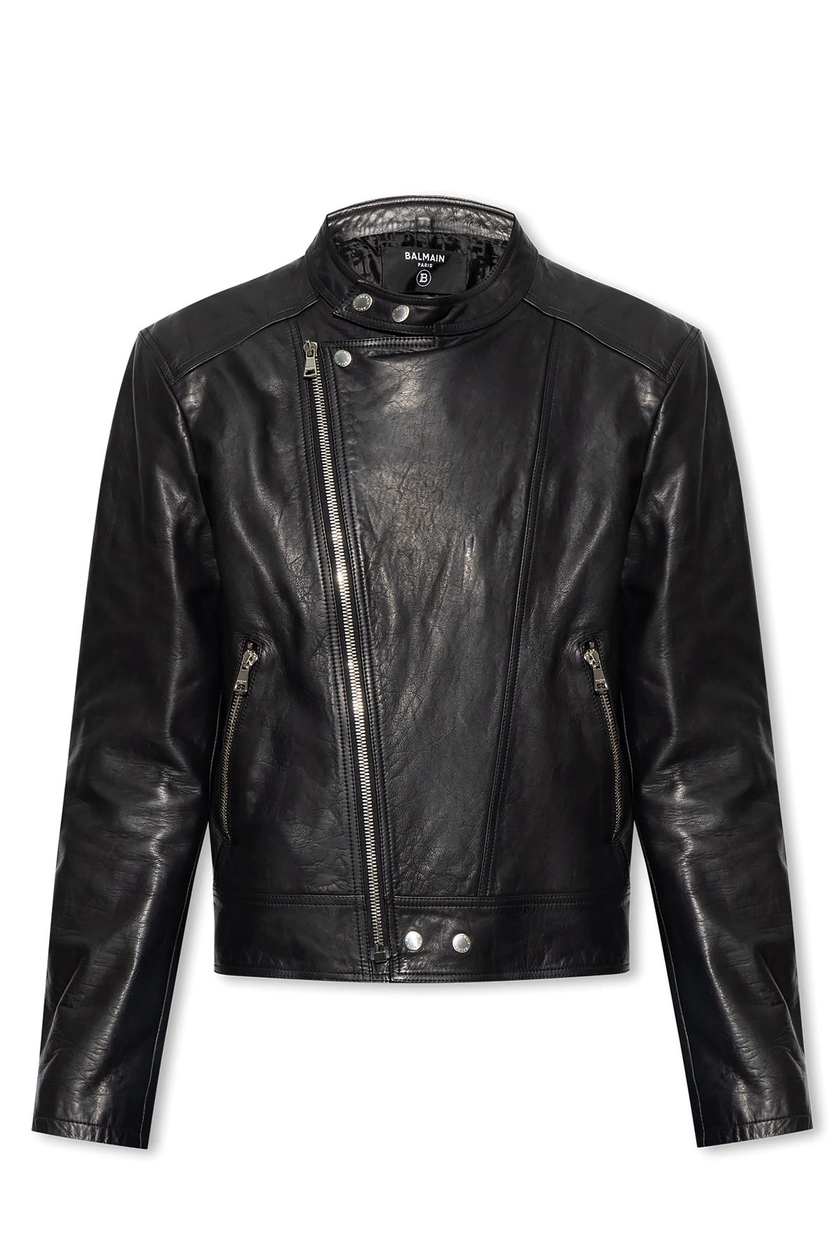 Leather jacket with stand collar