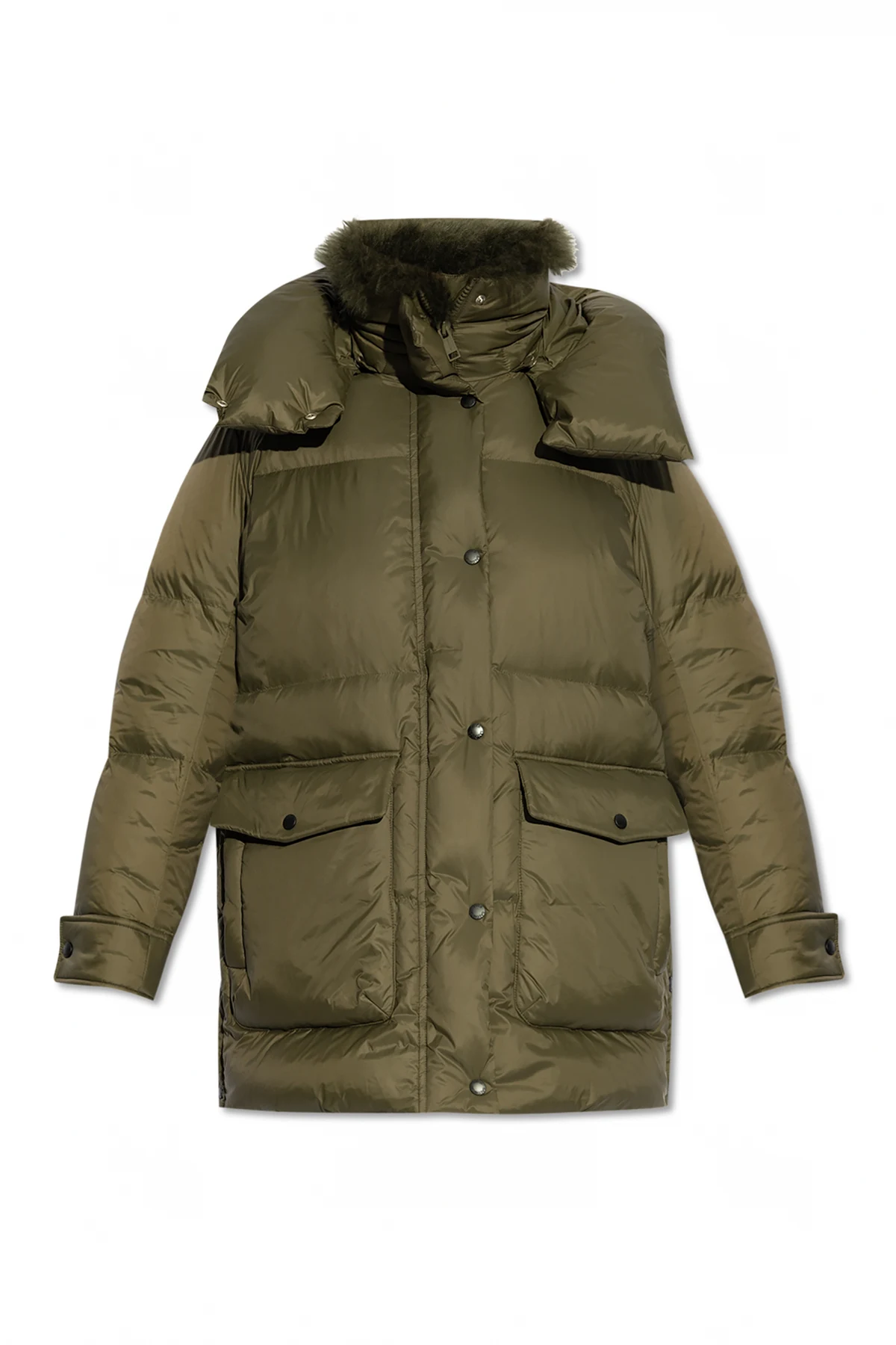 GREEN Down jacket with fur collar