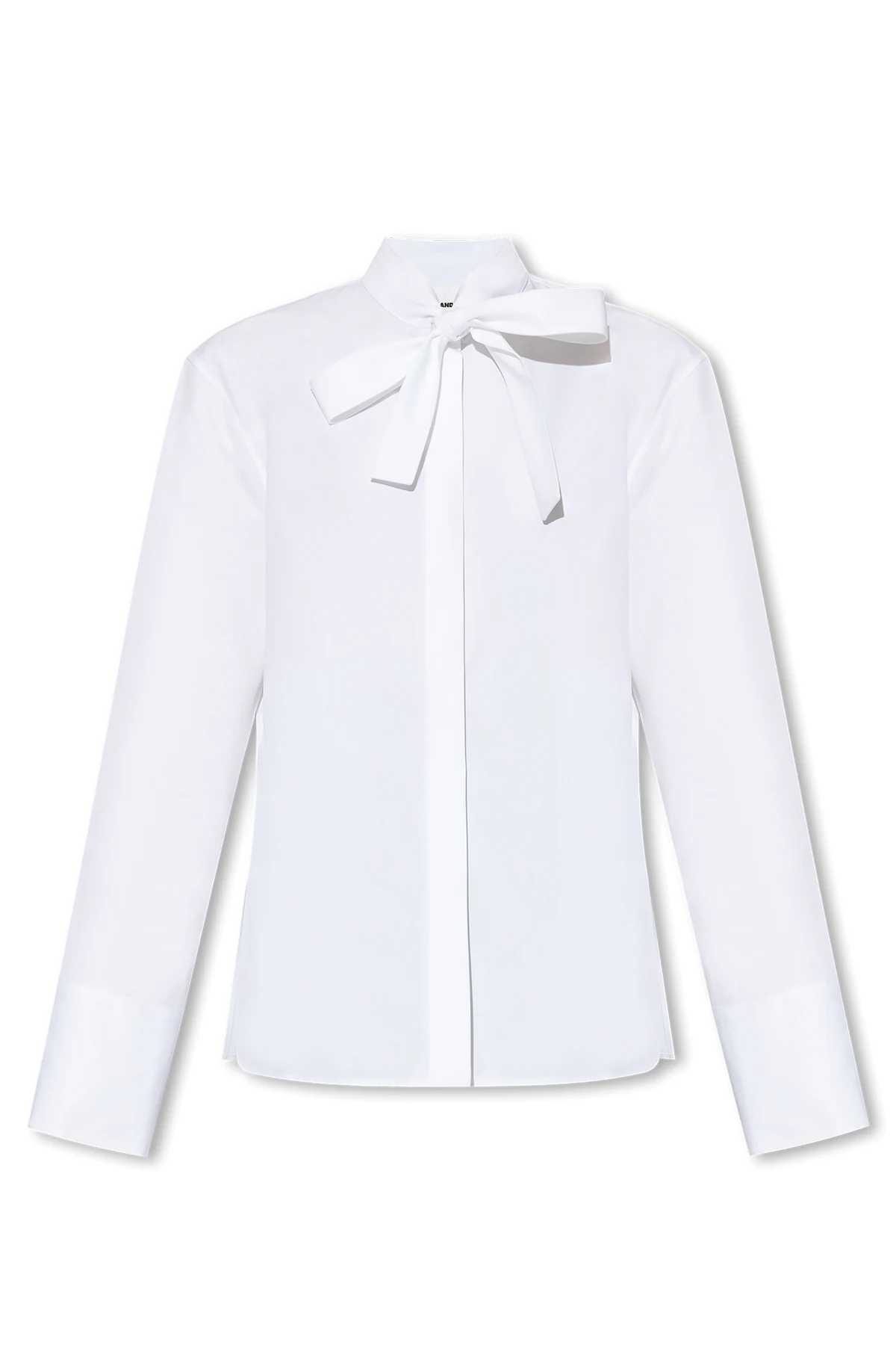Shirt with self-tie standing collar