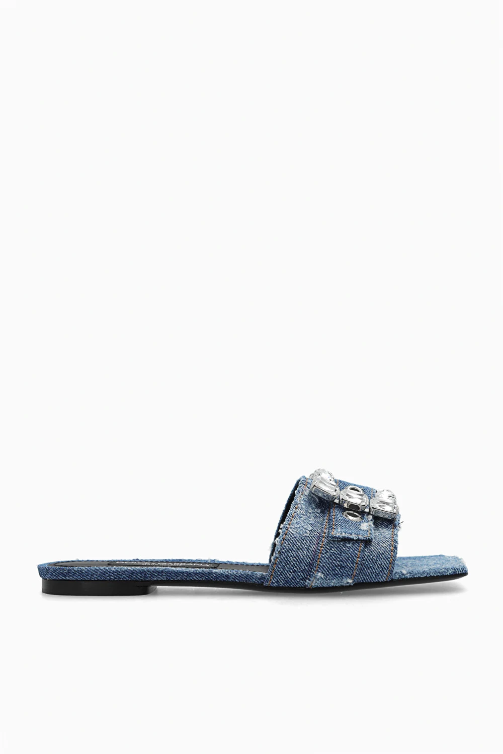 Denim slides with decorative buckle