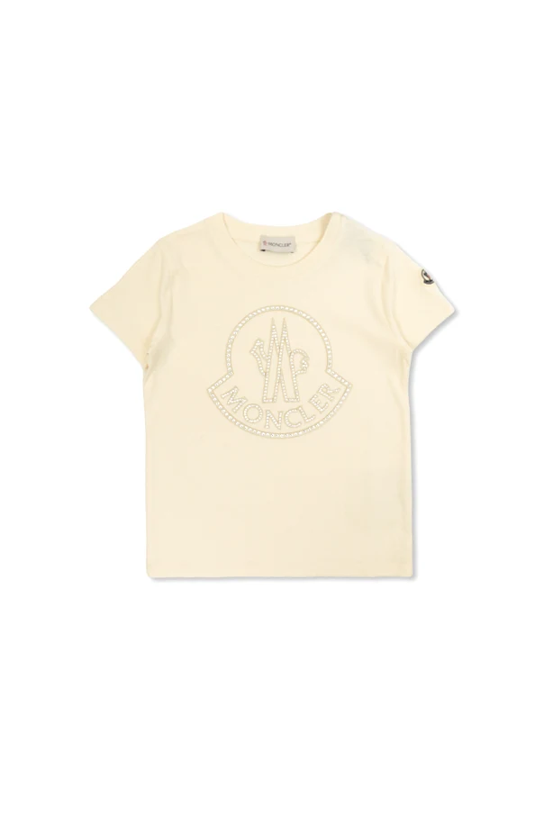 kremowy T-shirt z logo wykończonym połyskującymi kryształami