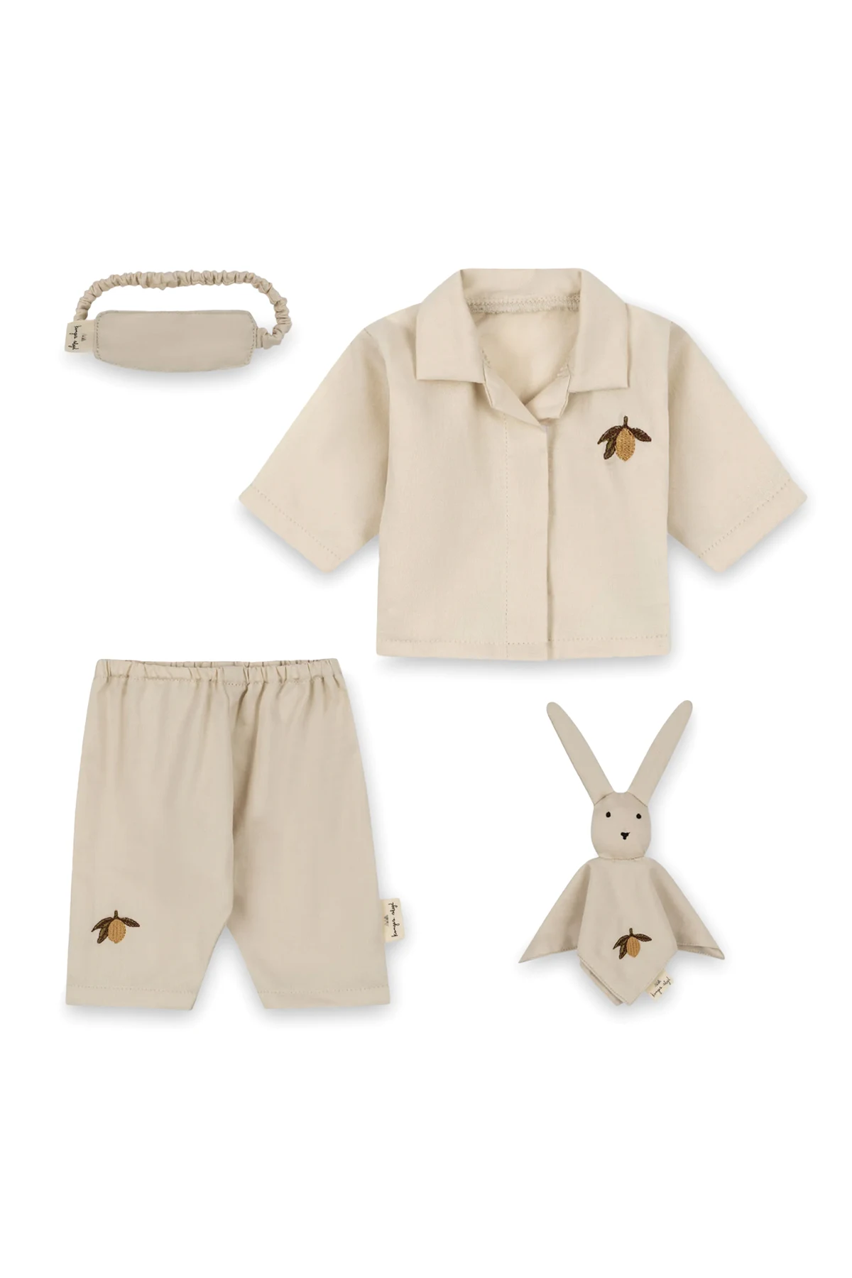 Zestaw dla lalki: dwuczęściowa piżama, opaska na oczy i maskotka