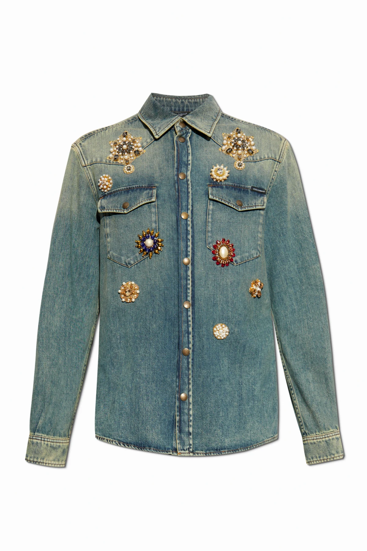 Denim shirt with shimmering appliqués