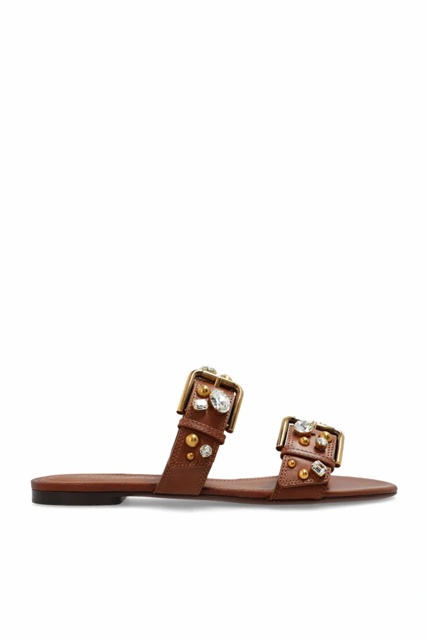 BROWN Leather slides with shimmering embellishments