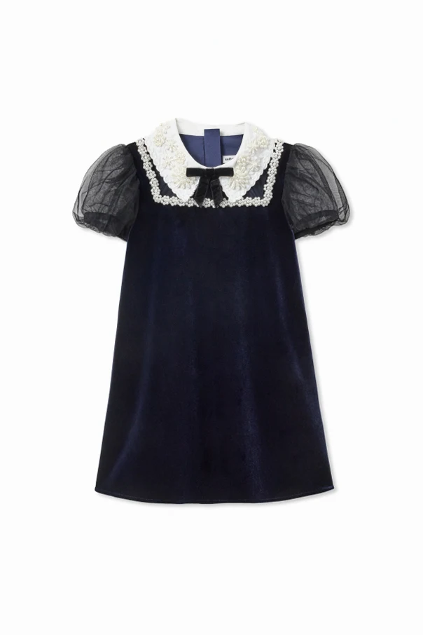 GRANATOWY Welurowa sukienka z ozdobnym kołnierzem