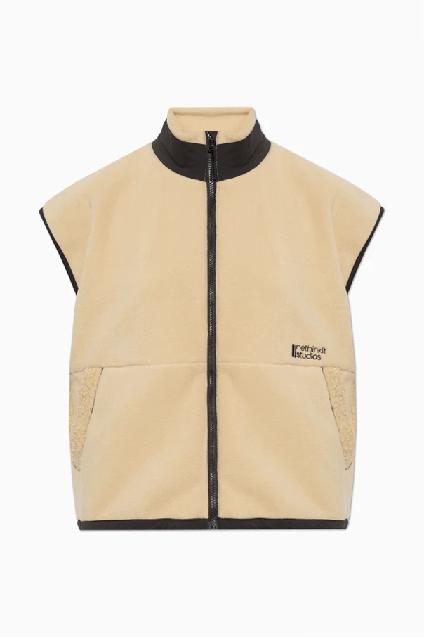 beige Fleece vest with stand collar