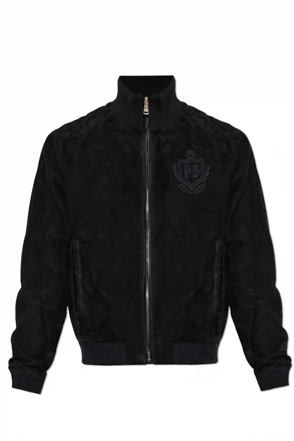 BLACK Suede jacket with embroidered logo