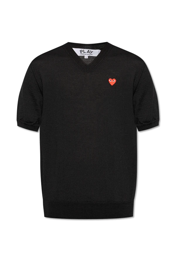 SCHWARZ Woll-T-Shirt mit V-Ausschnitt