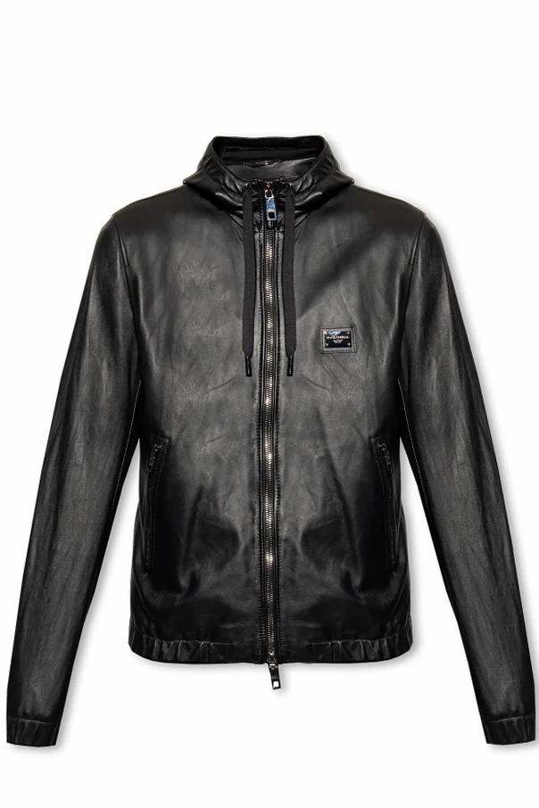 CZARNY Skórzana kurtka z kapturem