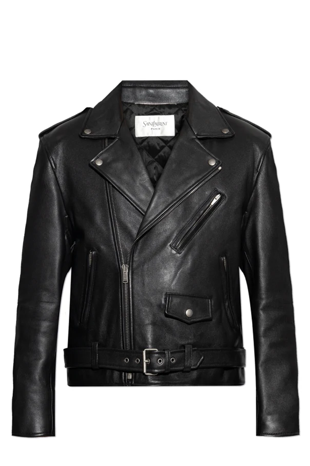 CZARNY Skórzana kurtka z paskiem