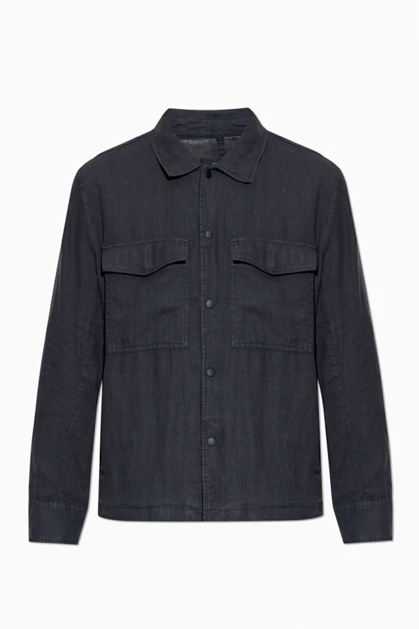 GRANATOWY Lniana kurtka z kieszeniami