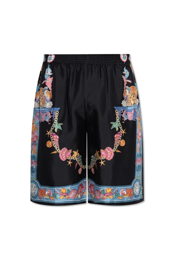 BLACK Silk shorts with 'Coral Theatre' print