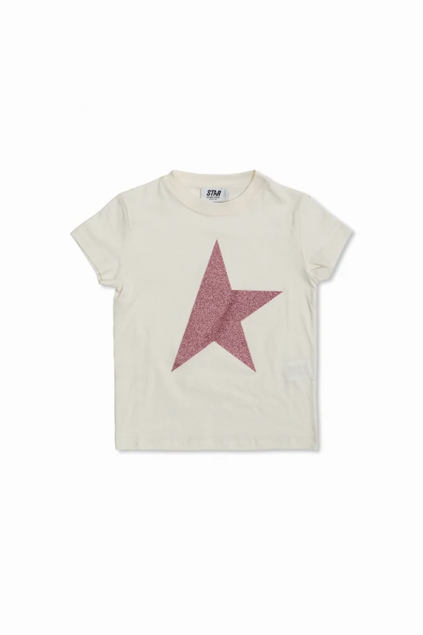 cream T-shirt with a glitter logo