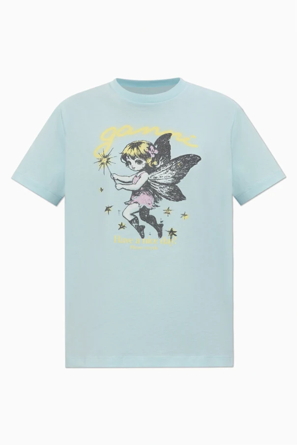 light blue T-shirt with colorful print