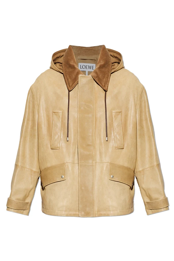 beige Leather jacket with hood