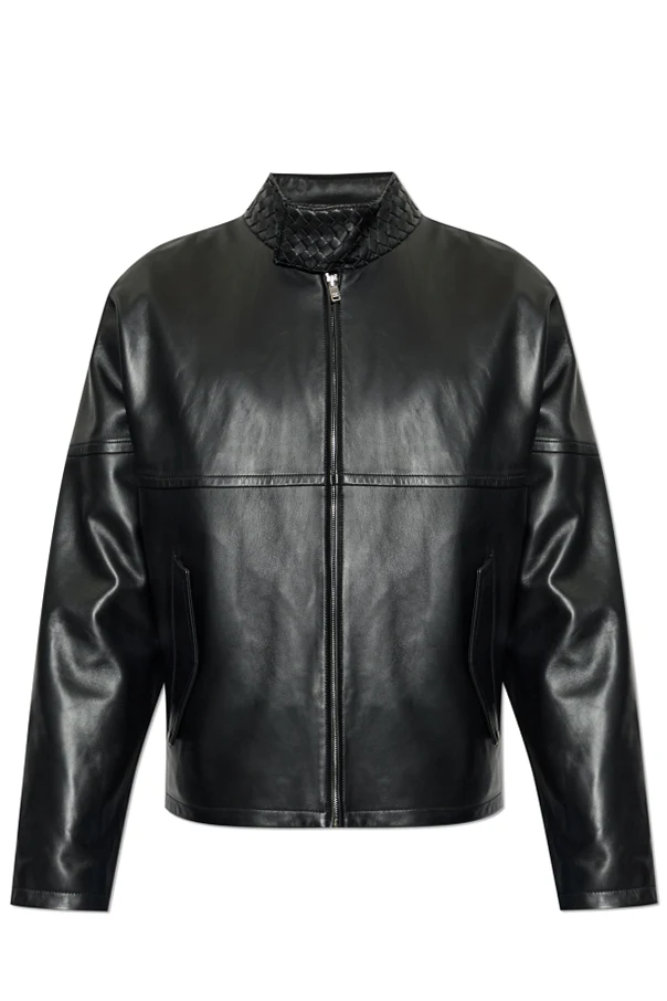 BLACK Leather jacket with a decorative stand-up collar