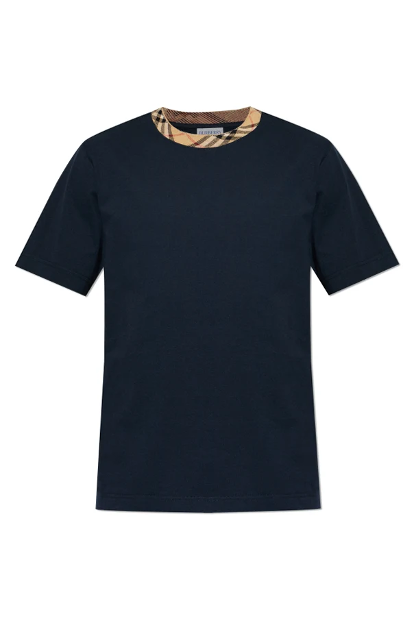 GRANATOWY T-shirt z lamówką w kratę