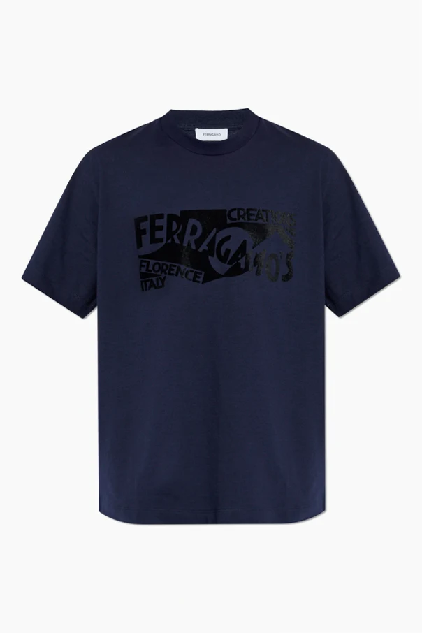GRANATOWY T-shirt z logo o aksamitnym wykończeniu