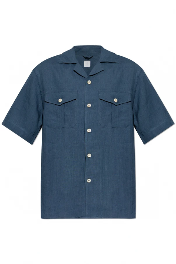 GRANATOWY Lniana koszula z kieszeniami