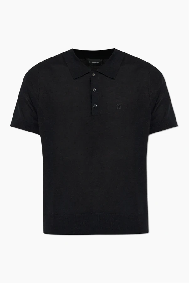 SCHWARZ Poloshirt aus Wolle mit aufgesticktem Logo