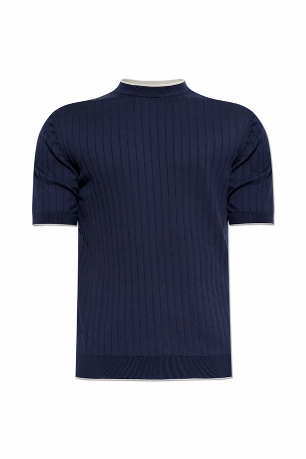 GRANATOWY Prążkowany t-shirt z okrągłym dekoltem