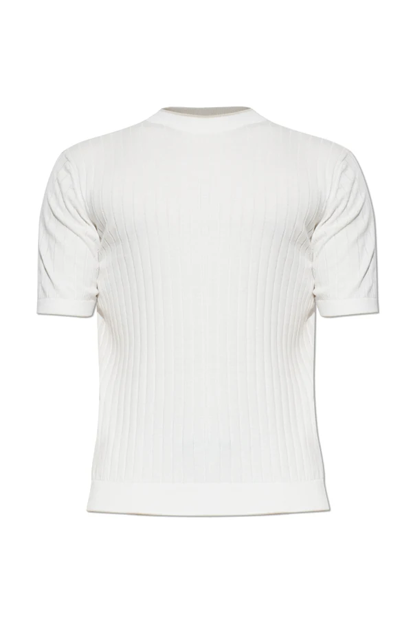 kremowy Prążkowany t-shirt z okrągłym dekoltem