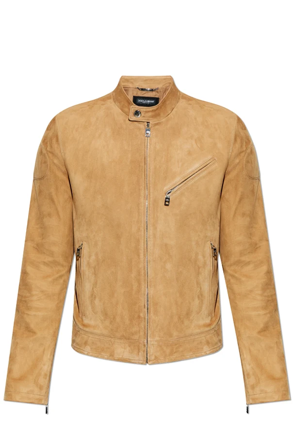 beige Suede jacket with stand-up collar