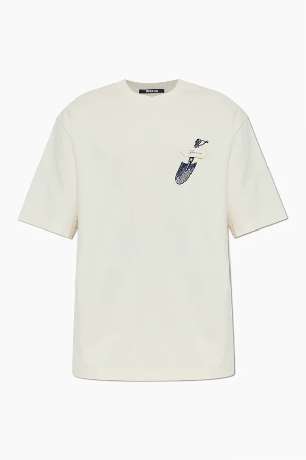 kremowy T-shirt z naszywką z logo