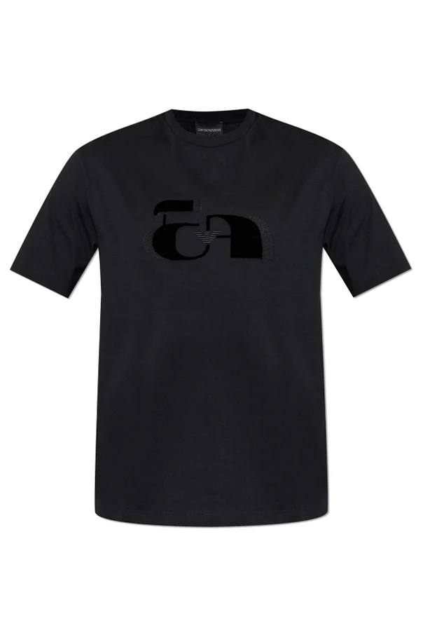 CZARNY T-shirt z logo o aksamitnym wykończeniu