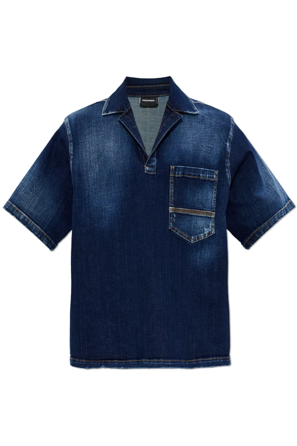 GRANATOWY Jeansowa koszula z dekoltem w serek