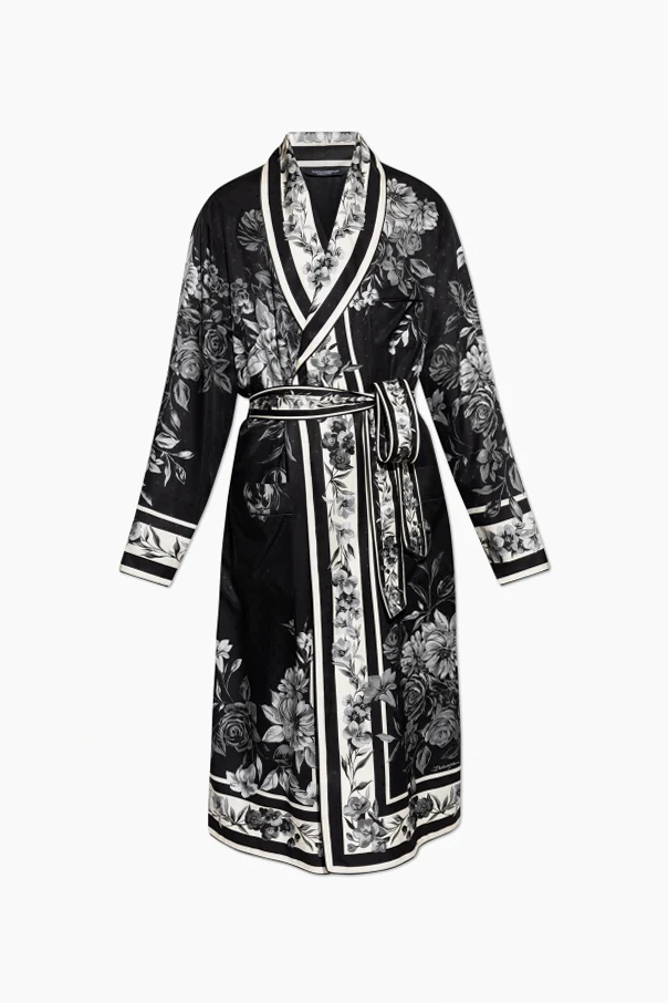 BLACK Silk robe with floral motif