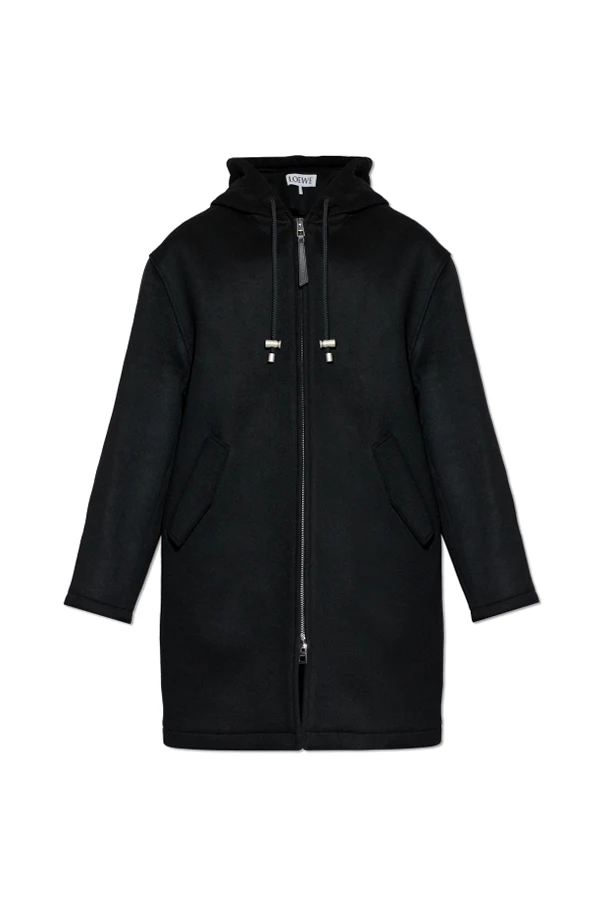 CZARNY Wełniany płaszcz z kapturem
