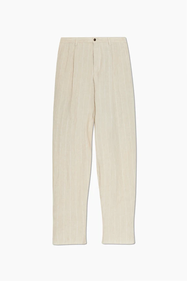 cream linen pants with a striped pattern