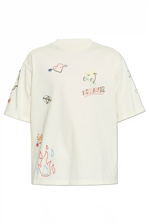 kremowy T-shirt z aplikacjami