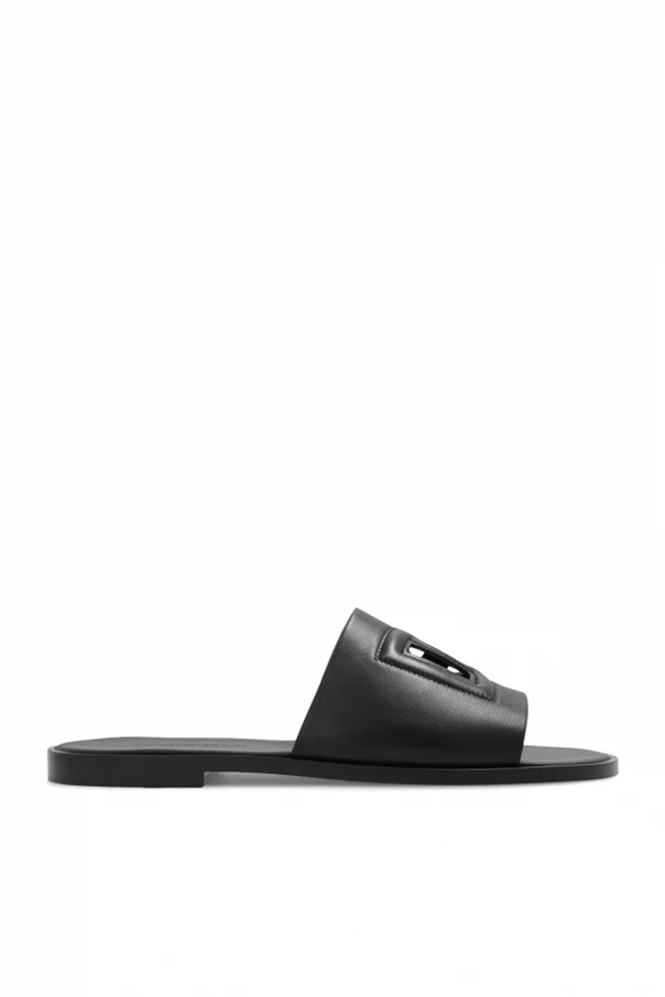 BLACK Leather slides with logo
