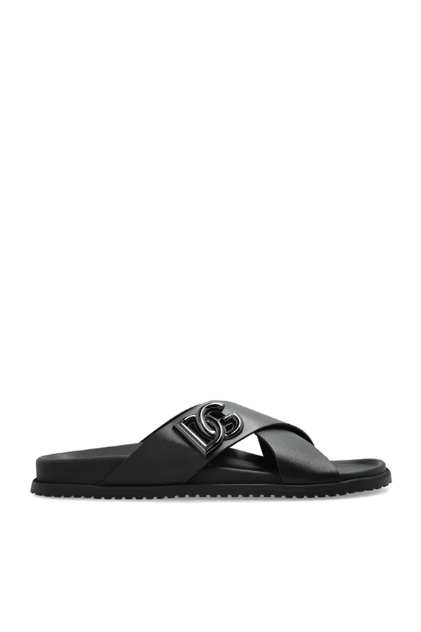 BLACK Leather slides with logo-shaped appliqué