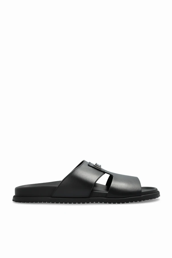 BLACK Leather slides with appliqué