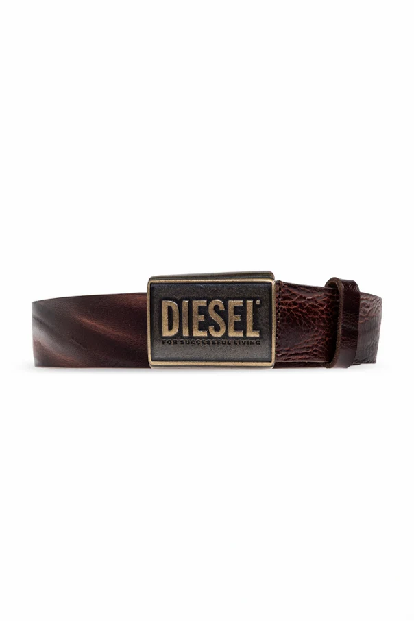 BRĄZOWY Skórzany pasek `DIESEL LOGO B-METAL`