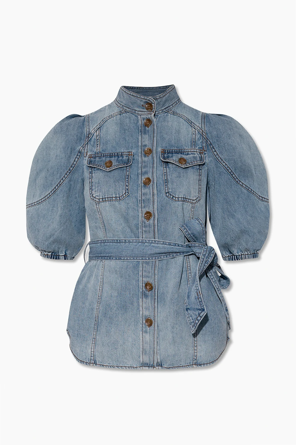 Denim shirt with high neck.