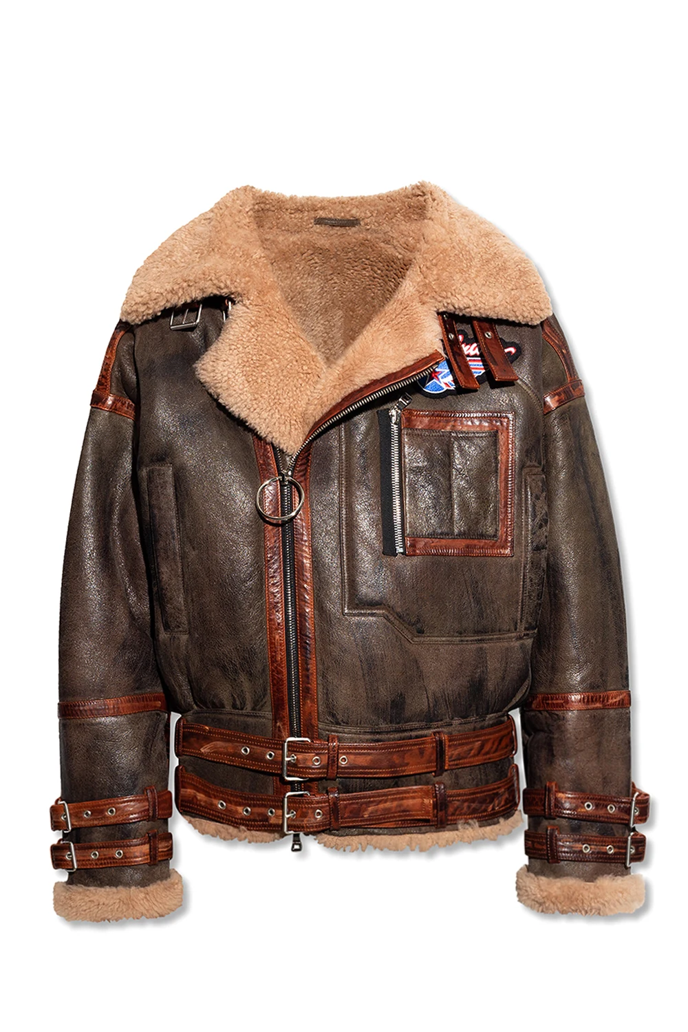 BROWN Shearling coat with straps