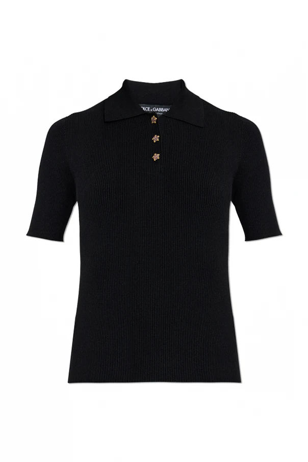 SCHWARZ Geripptes Poloshirt mit glänzenden Knöpfen